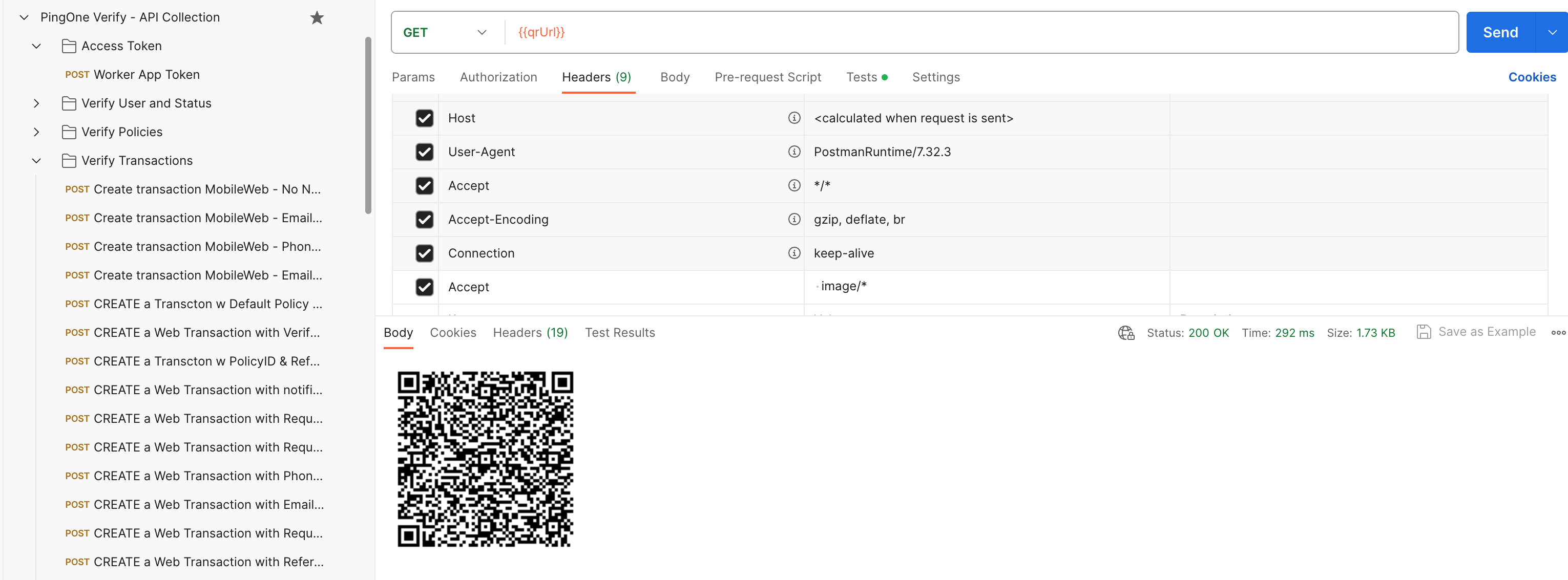 A screen capture of the QR code that Postman renders when creating a Verify transaction.