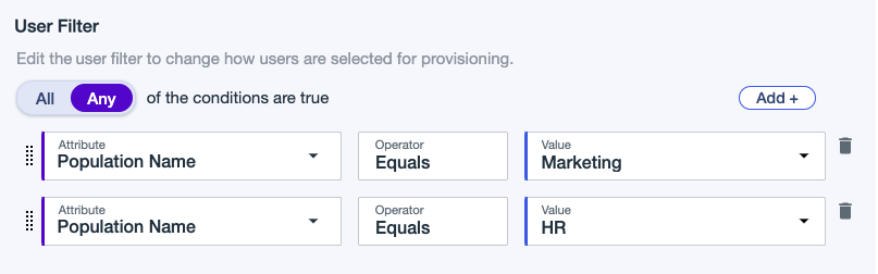 A screen capture of a user filter that matches users from the Marketing and HR populations