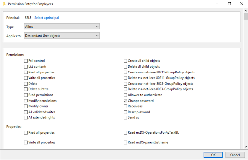 A screen capture of the Permission Entry menu for the Principal SELF with Change password selected.