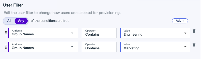 A screen capture of a user filter that matches users from the Engineering and Marketing groups