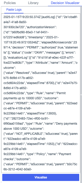 Screen capture of an auditLog entry pasted into the Paste Logs field of the Decision Visualizer