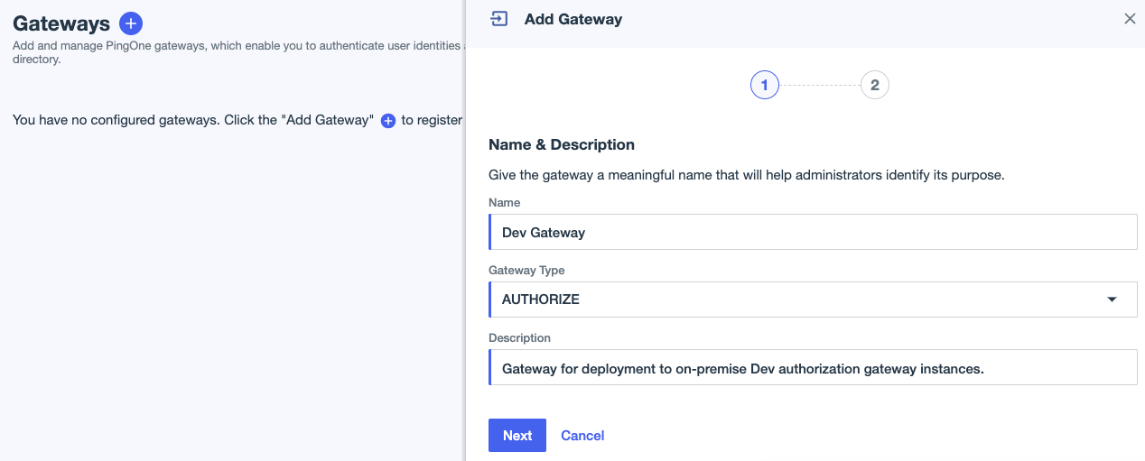 A screen capture of the Add Gateway page with the name set to Dev Gateway, Authorize selected, and a description entered.