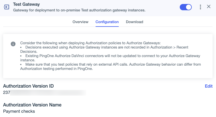 A screen capture of the gateway’s Configuration tab showing the version ID and name.