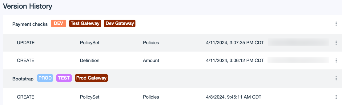 A screen capture of the Version History page showing payment checks policies published to the Dev endpoint and the Dev and Test gateways.