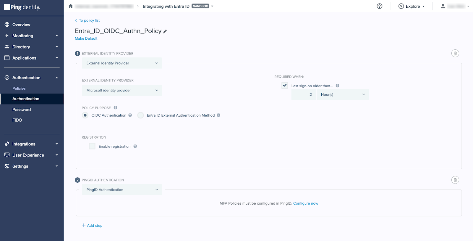 A screen capture of a PingOne authentication policy with External IdP as the first step and PingID Authentication as the second step.