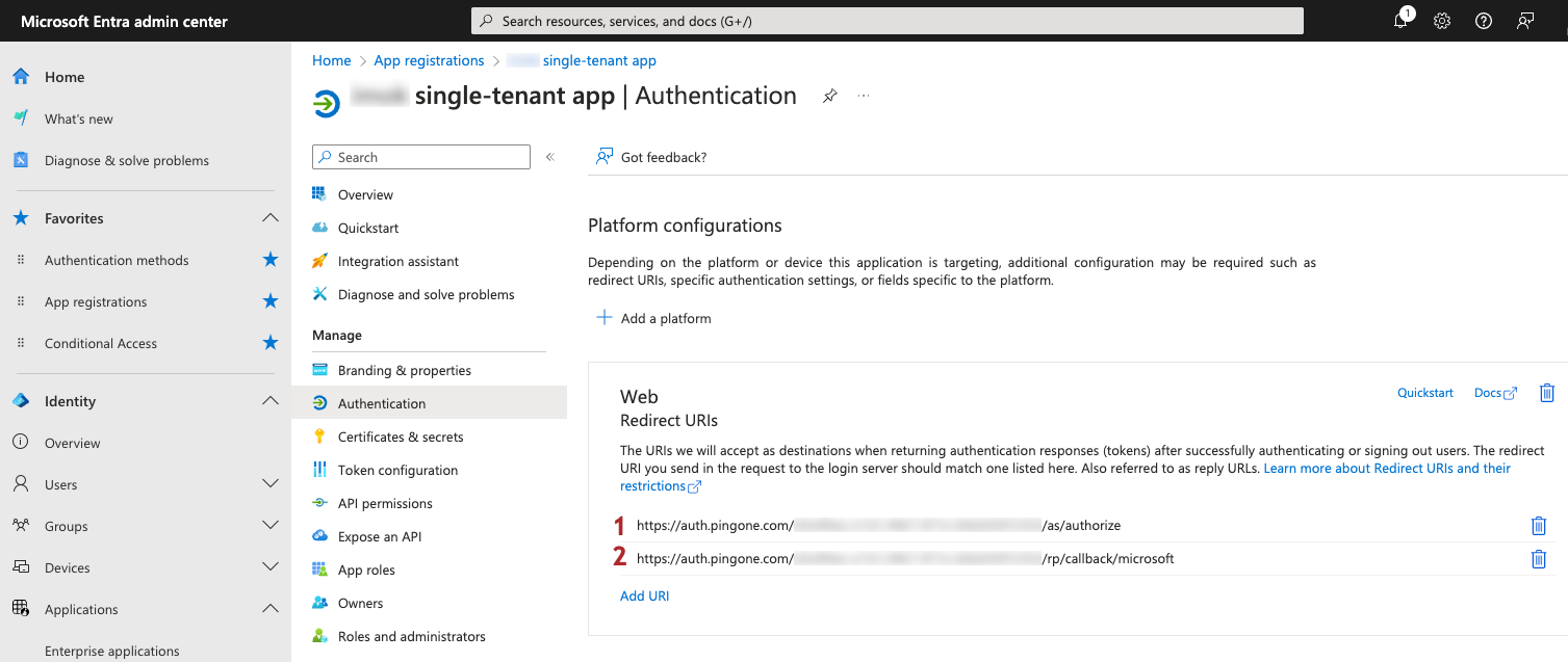 A screen capture of the Microsoft Entra Authentication page with two redirect URIs identified with a red number callouts.