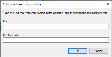 Attribute Manipulation Rule window showing the Find and Replace fields.