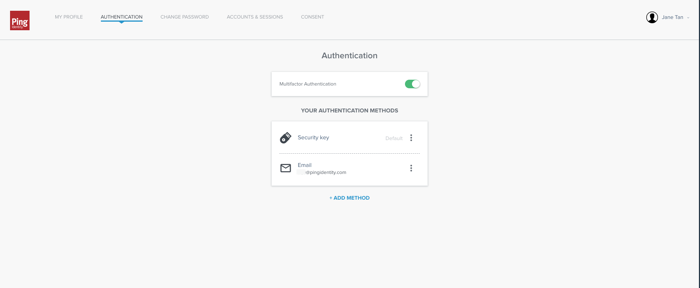 Screen shot of a sample user profile, showing the tabs available. This example shows the MFA tab, and the authentication methods paired with the account.