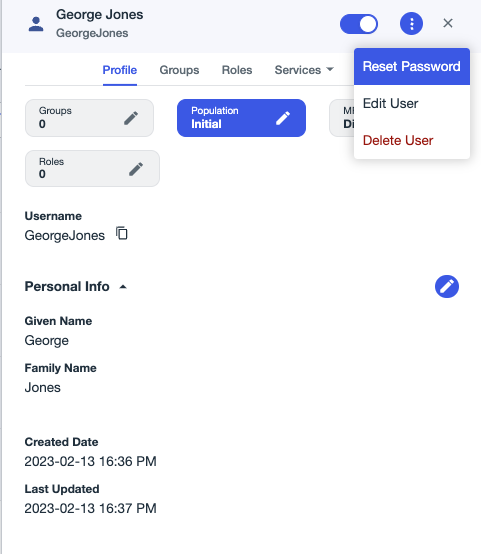 A screen capture of the user details panel with Reset Password option selected