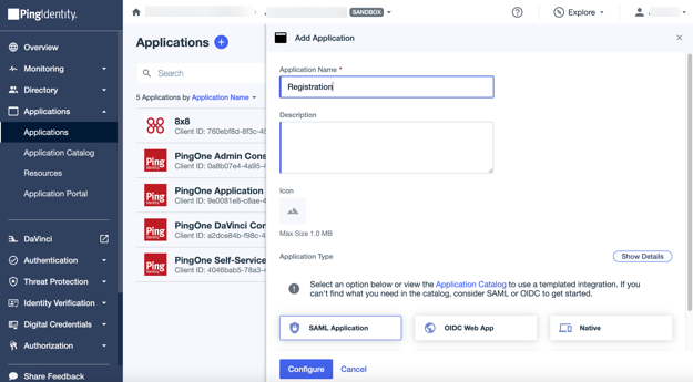 A screenshot of the Add Application SAML Application window in PingOne.