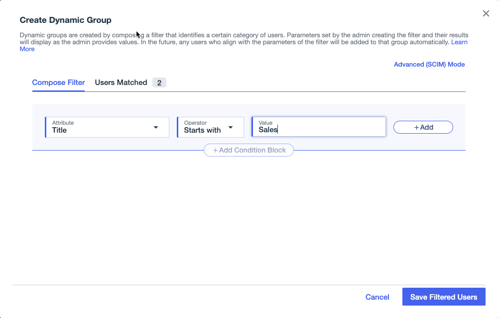 Screen capture of the Create Dynamic Group page with the Attribute field set to Title, the Operator set to Starts with, and Sales entered in the Value field