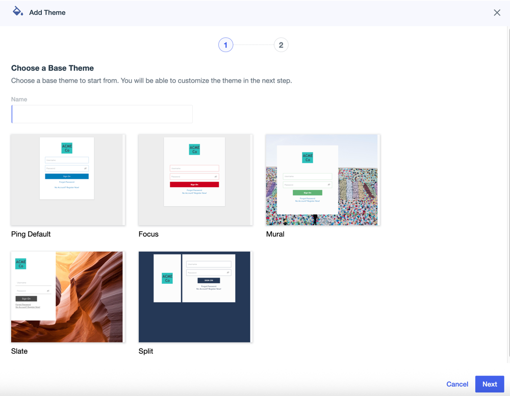 A screen capture showing the Choose a Base Theme page.