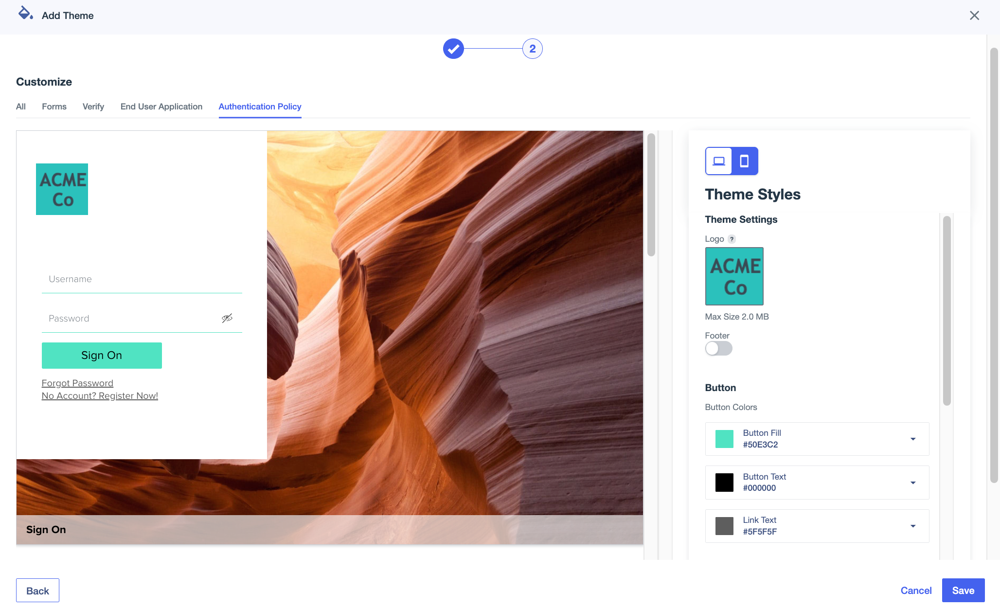 A screen capture showing the Branding and Themes Customize page, with the new button and button text colors.