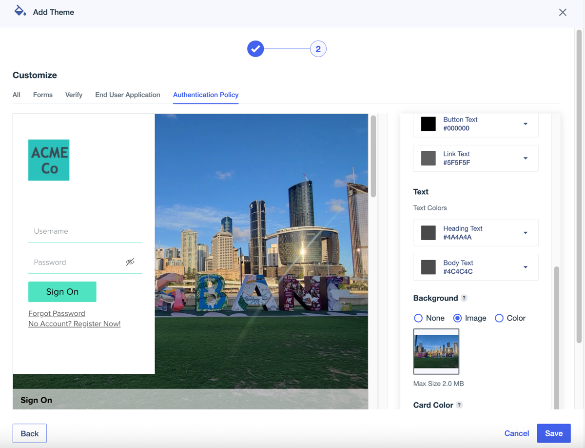 A screen capture showing the Branding and Themes Customize page with a new background image added.