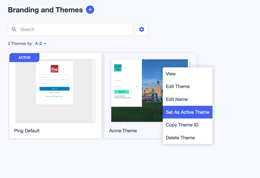 A screen capture showing the Branding and Themes page with the More Options menu expanded and the Set As Active Theme option selected.