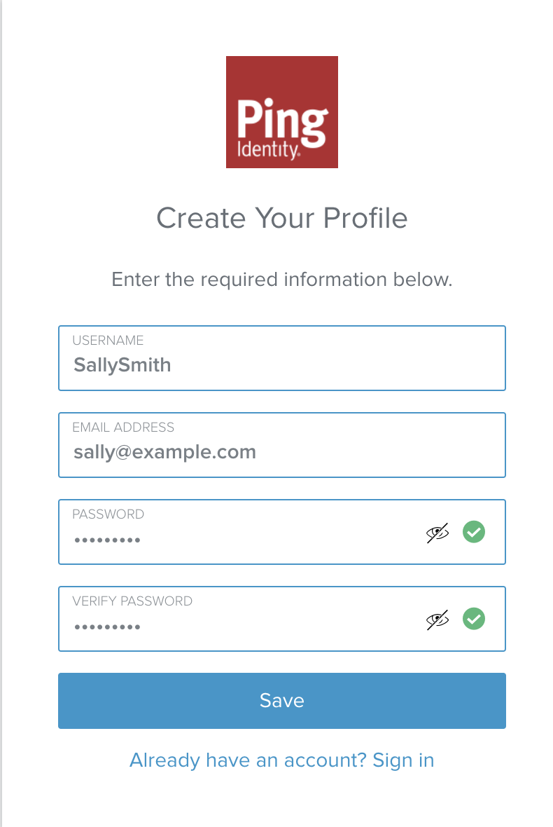 A screen capture of the Create Your Profile screen for Sally Smith in PingOne