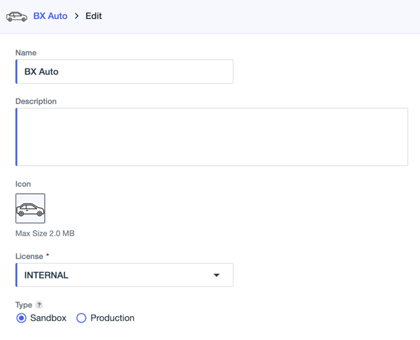 Screenshot of an environment in edit mode showing the Sandbox and Production radio buttons