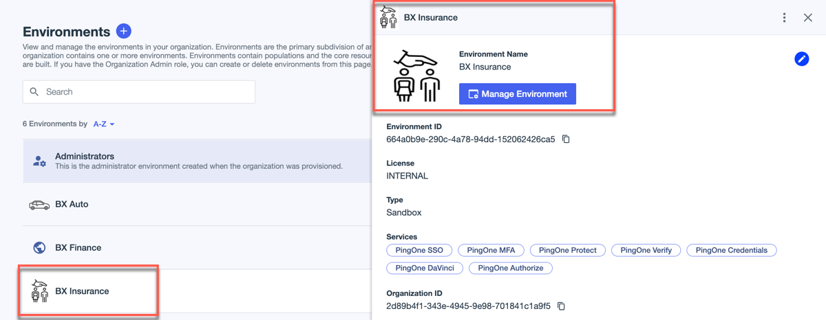 Screenshot of the environments list with BX Insurance and its logo highlighted, and details pane open.