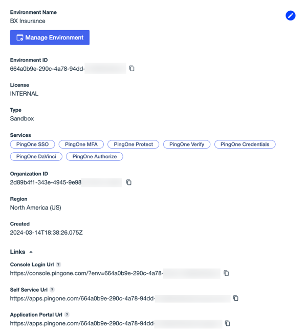 A screenshot of the environment details view for the BX Finance environment