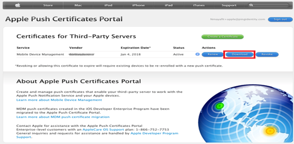 Screen capture of the Certificates for Third-Party Servers section with Download highlighted.