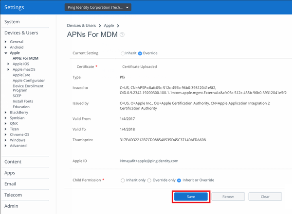 Screen capture of the APNs for MDM window with Save highlighted.