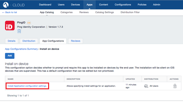 Screen capture of the PingID App Configurations tab with Install Application configuration settings highlighted.