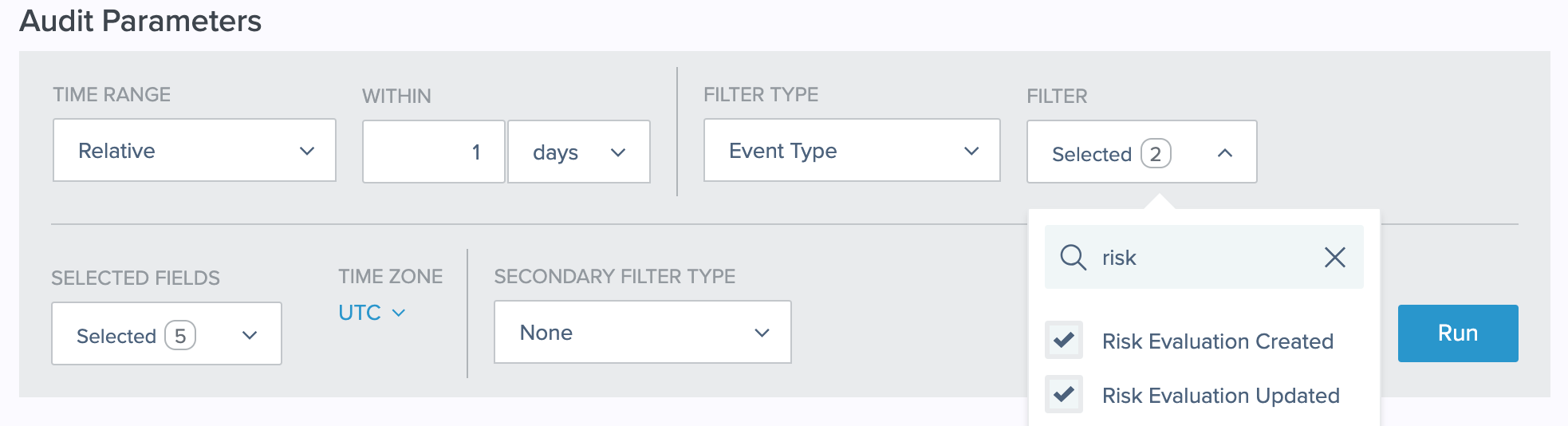 A screen capture of the Audit Parameters page with 'risk' entered in the Filter field.