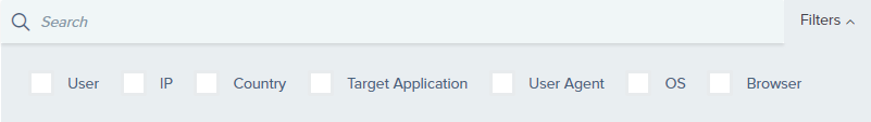 Screen capture of the filtered search bar with check boxes for User, IP, Country, Target Application, User Agent, OS, and Browser.