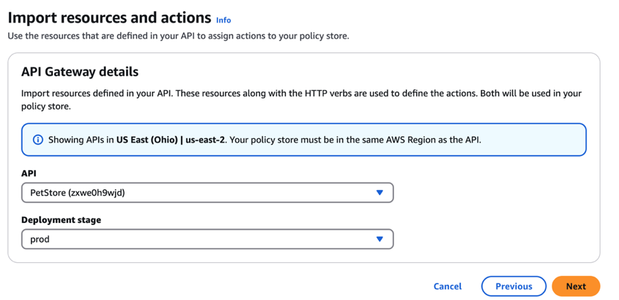 A screen capture of the Import resources and actions page showing the PetStore API and the prod deployment stage selected.