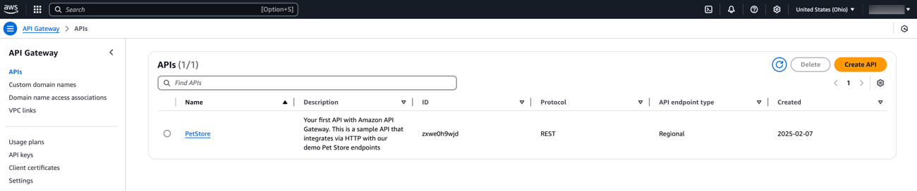 A screen capture of your API listed in the AWS console.