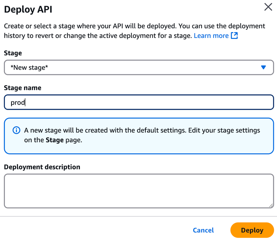 A screen capture showing the Deploy API modal with Stage and Stage name completed.