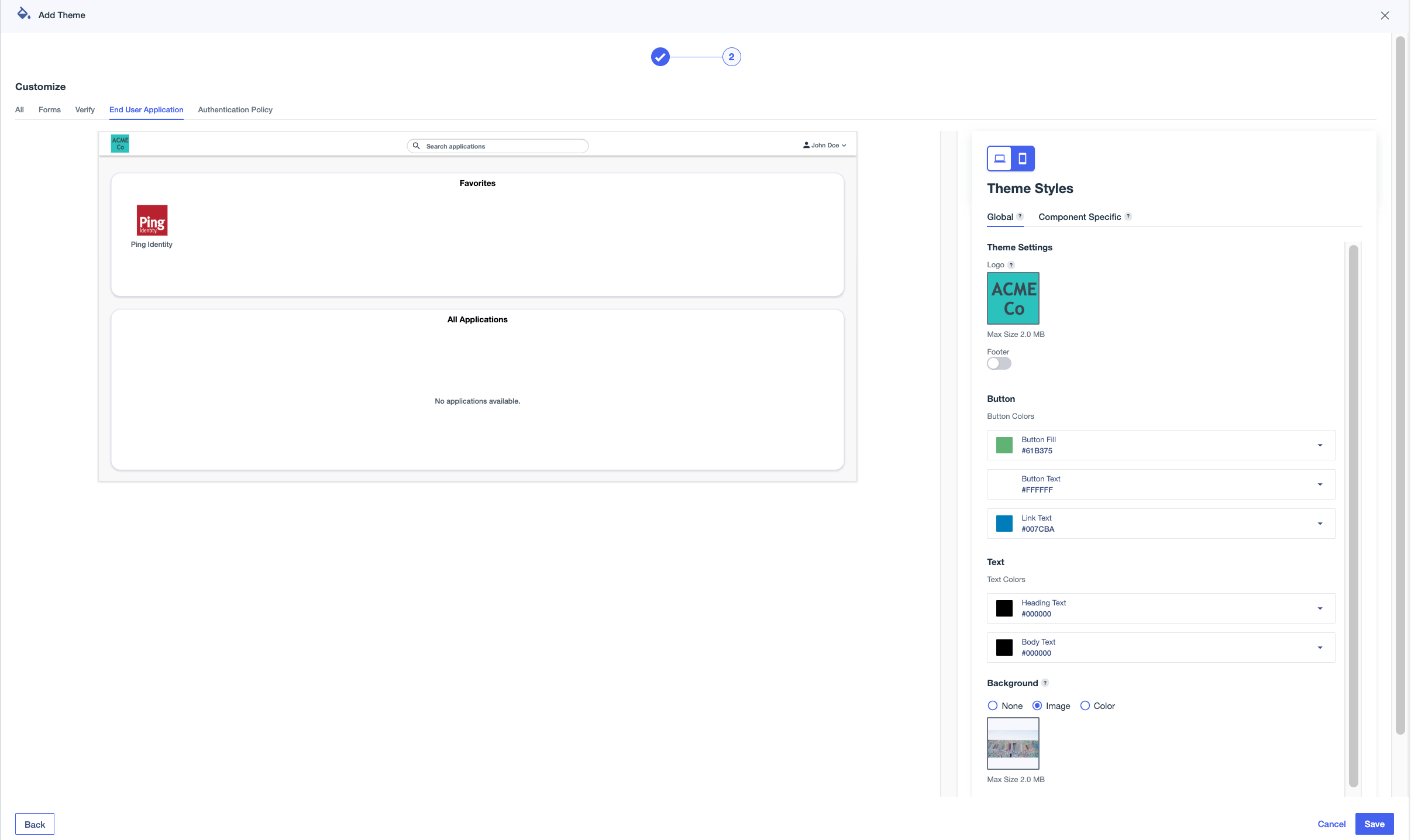 A screen capture of the Customize theme page showing the Theme Styles panel with Global and Component Specific tabs.