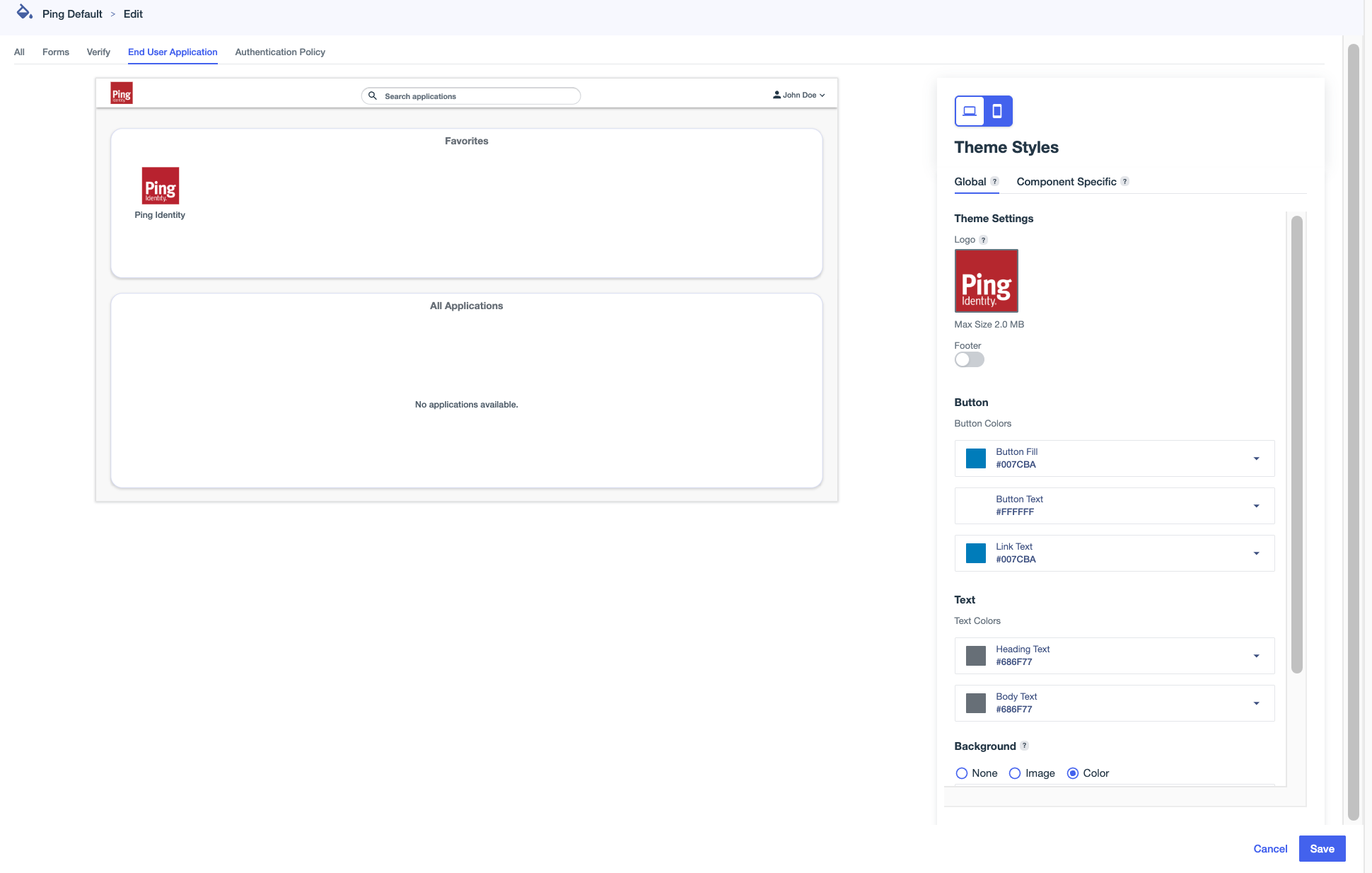 A screen capture of the Edit theme page showing the Theme Styles panel with Global and Component Specific tabs.