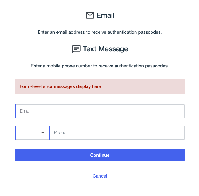 Form configured in the form builder with components for both email and text message OTP registration.