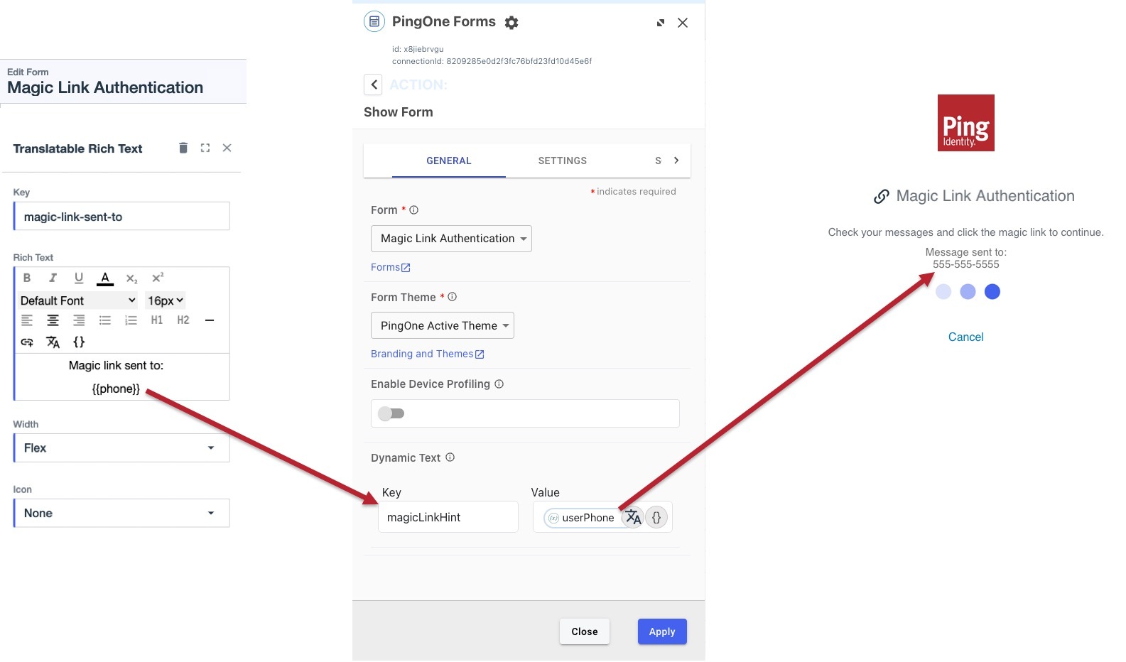 A Magic Link Authentication form providing a key for the PingOne Forms connector and the value of the PingOne forms connector outputting an OTP challenge to the user-facing screen.