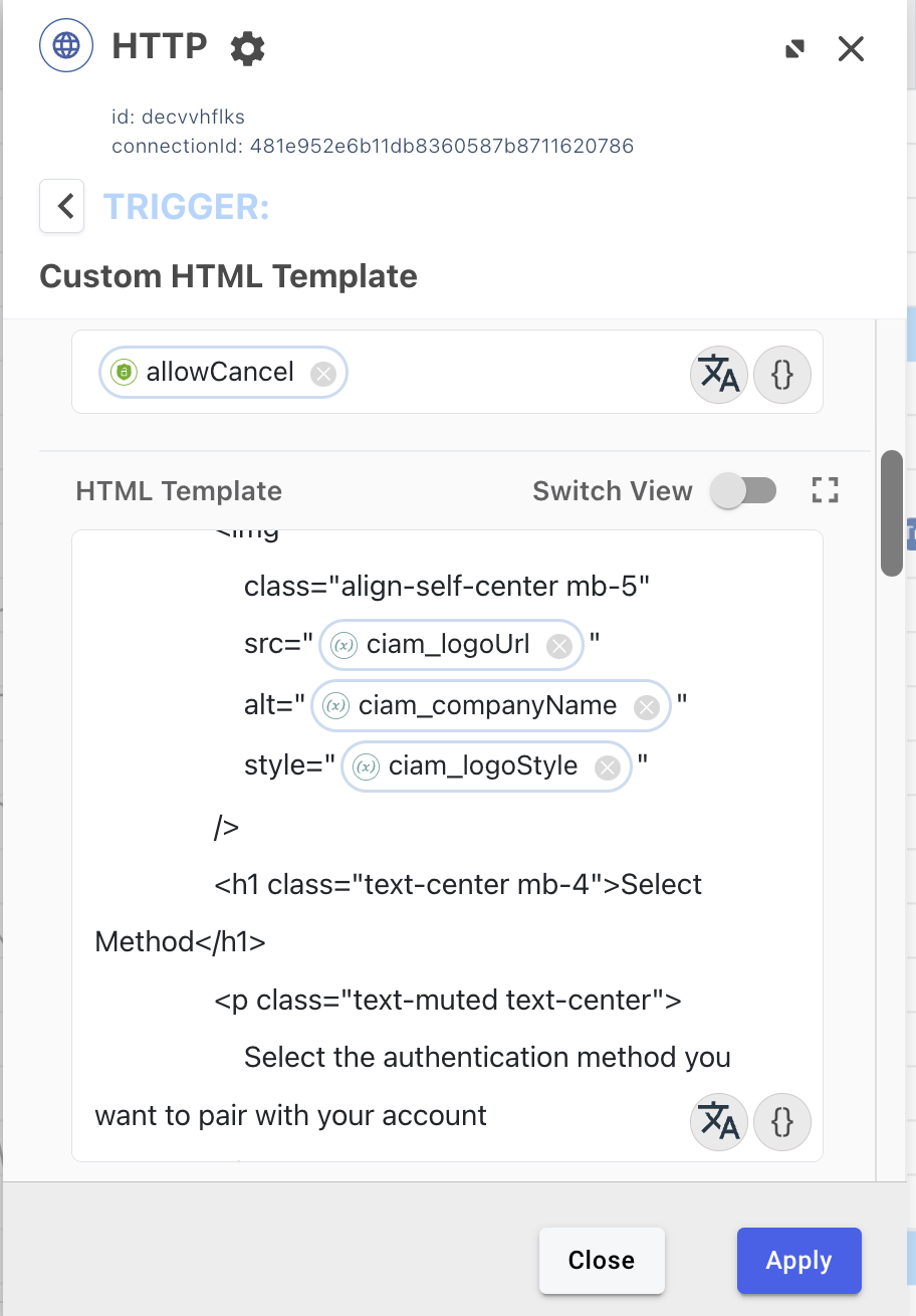 The custom HTML template UI.