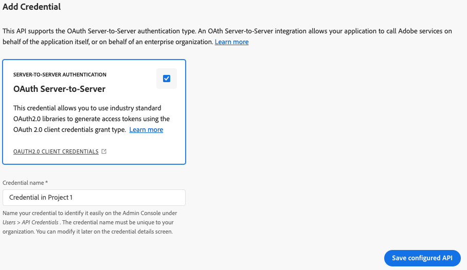 Add credential area of the Add an API flow