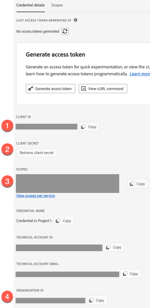 Adobe Developer Console, credentials tab