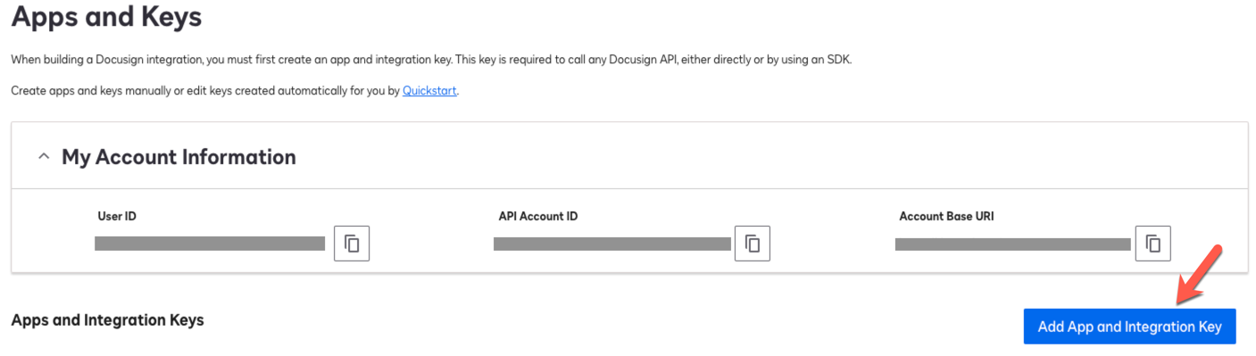 DocuSign Add App and Integration Key button