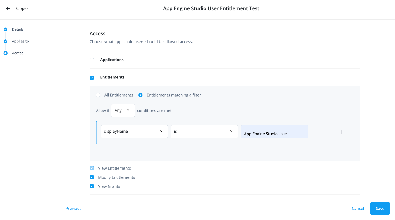 Scope access displaying the filters for the entitlement.