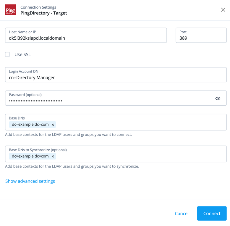 Connection settings for the target PingDirectory server