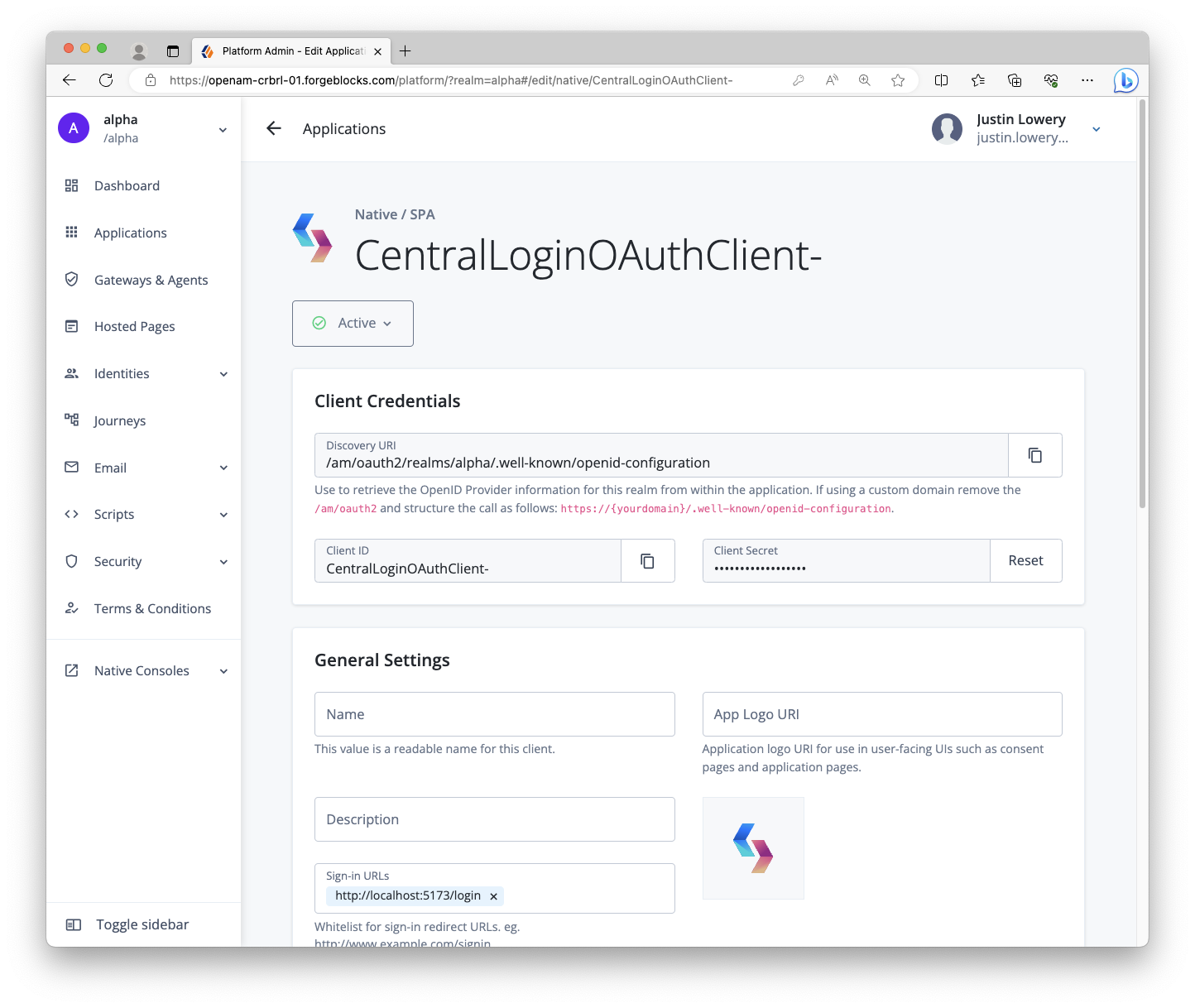 Screenshot of a Centralized Login OAuth 2.0 client configuration in PingOne Advanced Identity Cloud