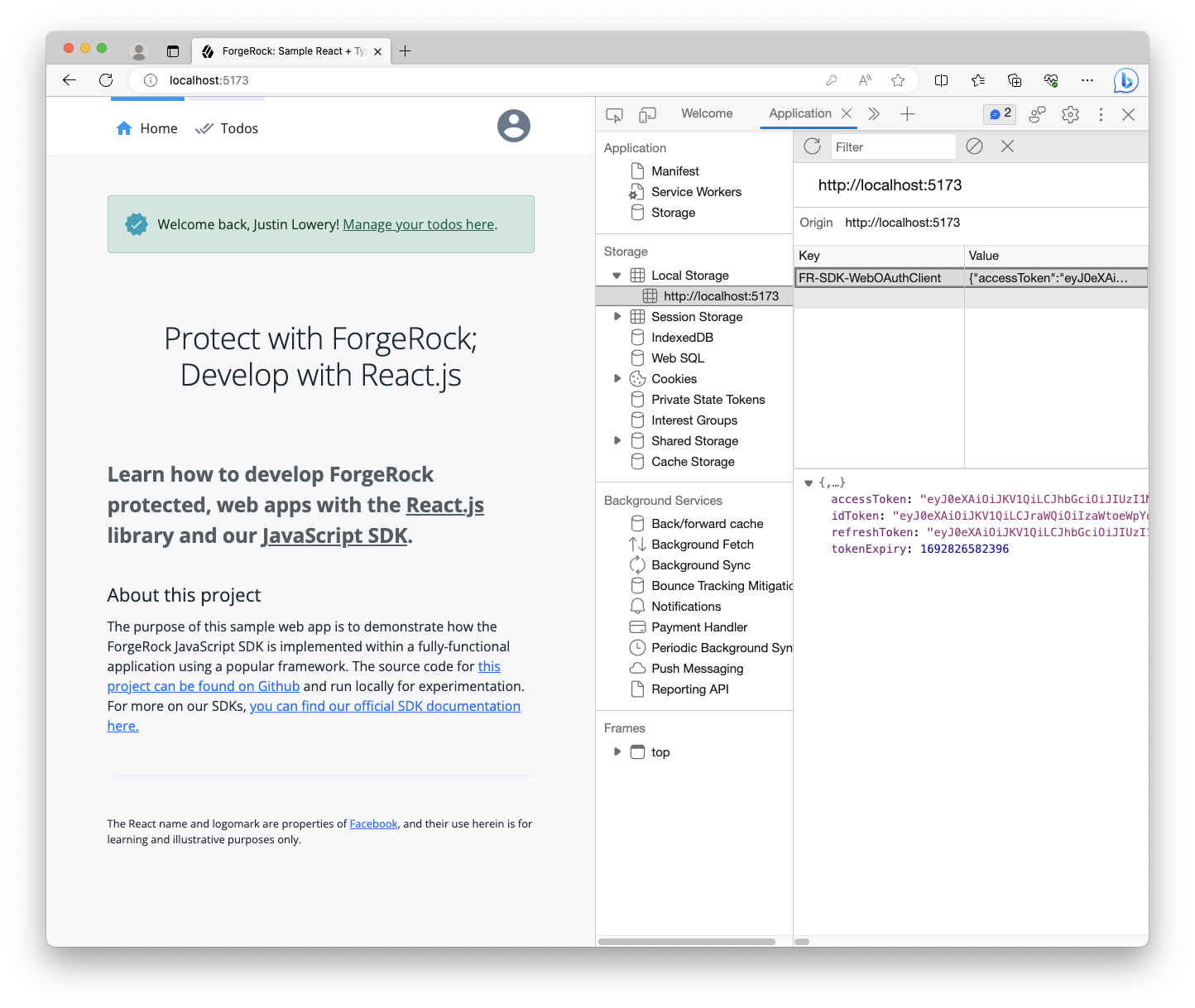 Screenshot of the home page of the sample app with a logged-in user, showing tokens in Local Storage