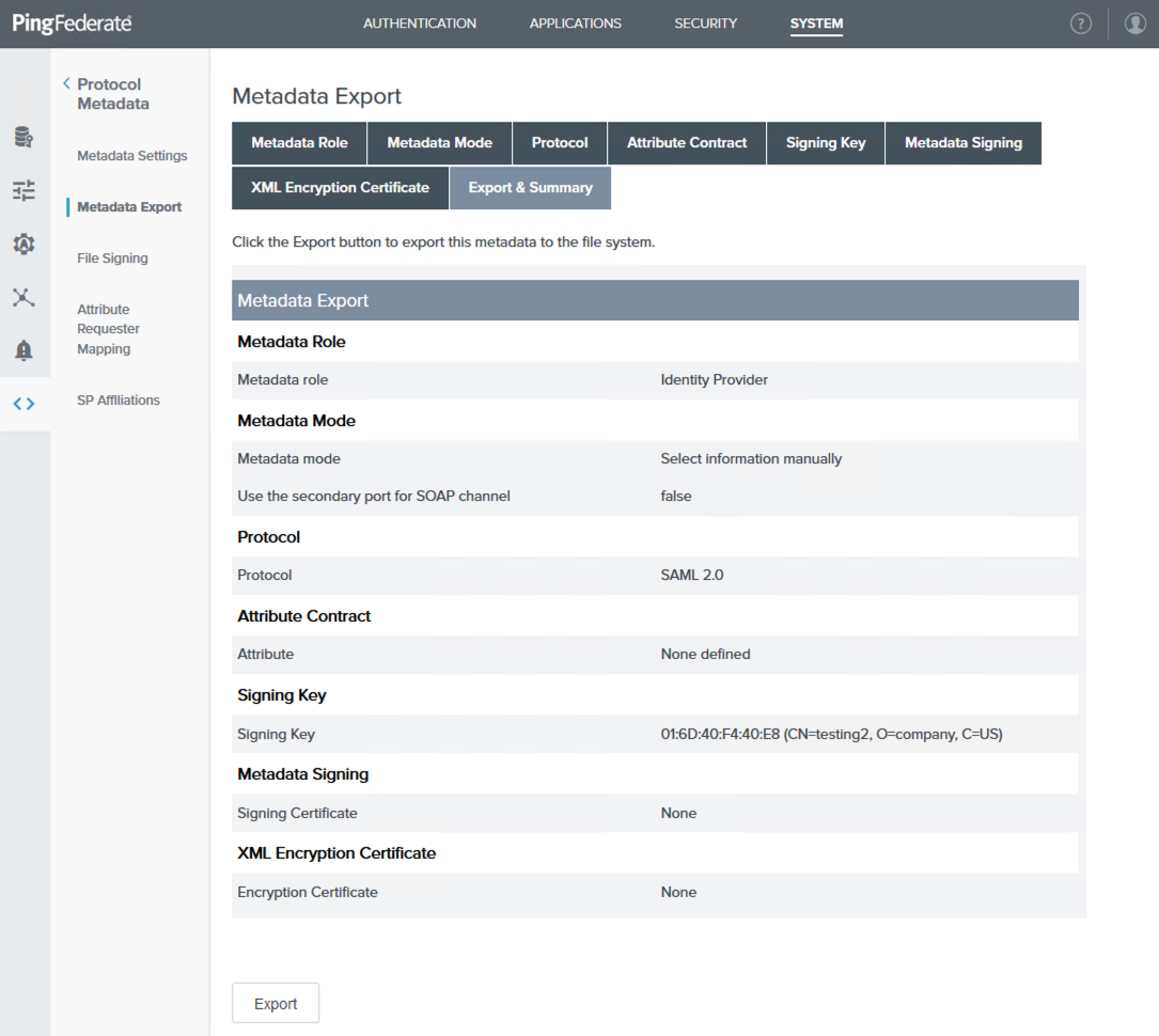 A screen capture of the Export & Summary tab in the administrative console.