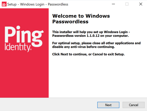 Screen capture of the Setup -Windows Login - Passwordless window that opens after you run the executable