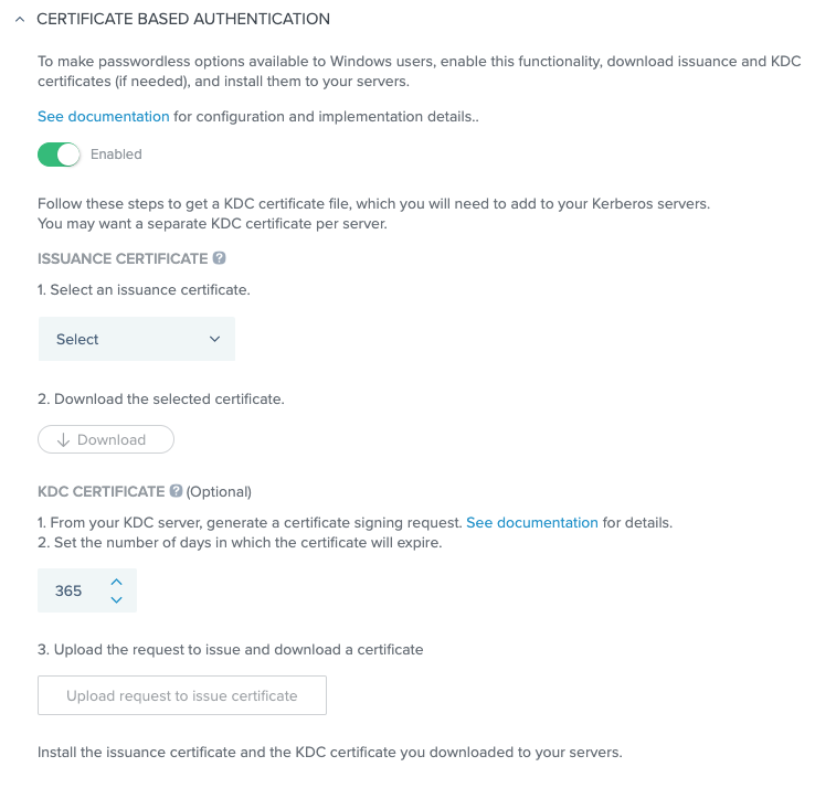 Screen capture of the Certificate Based Authentication section. The Enable toggle is selected.