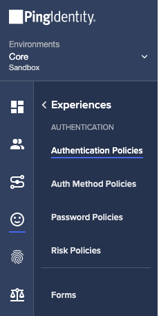 Screen capture of the PingOne navigation menu. The menu has Experiences selected with sub-menu options for Authentication Policies, Auth Method Policies, Password Policies, and Risk Policies. The Authentication Policies option is selected.