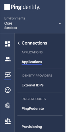 Screen capture of the PingOne navigation menu. The menu has Connections icon selected with sub-menu options for Application, External IDPs, PingFederate, and Provisioning. The Applications option is selected.