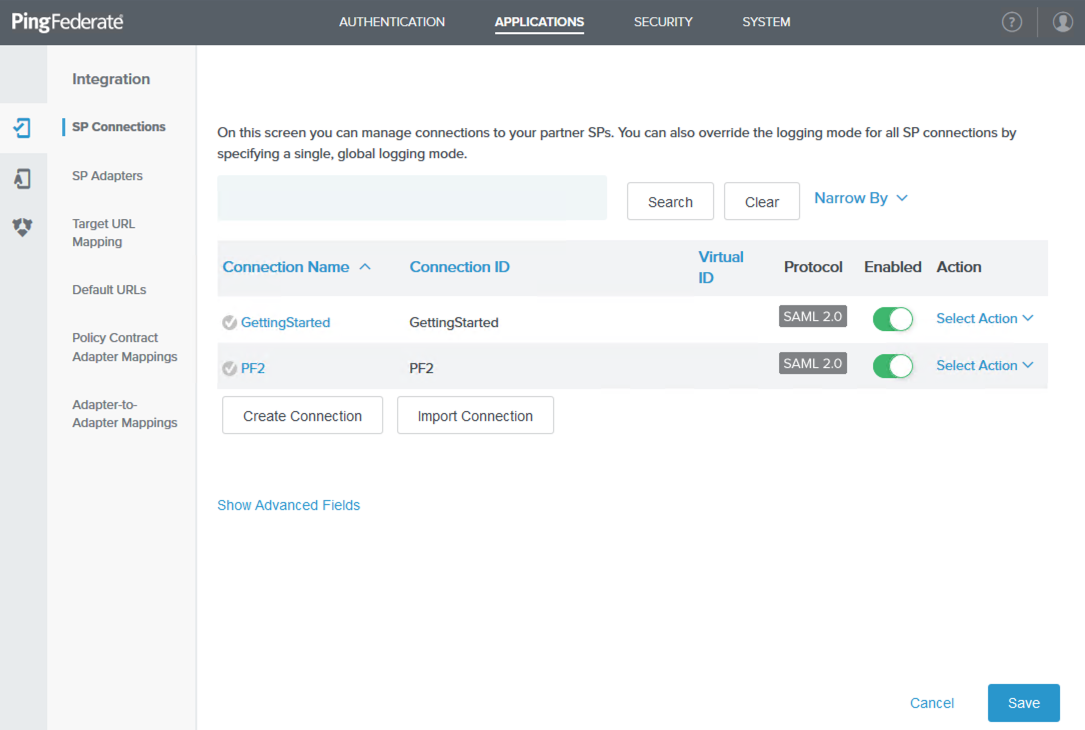 A screen capture of the SP Connections window in the administrative console.