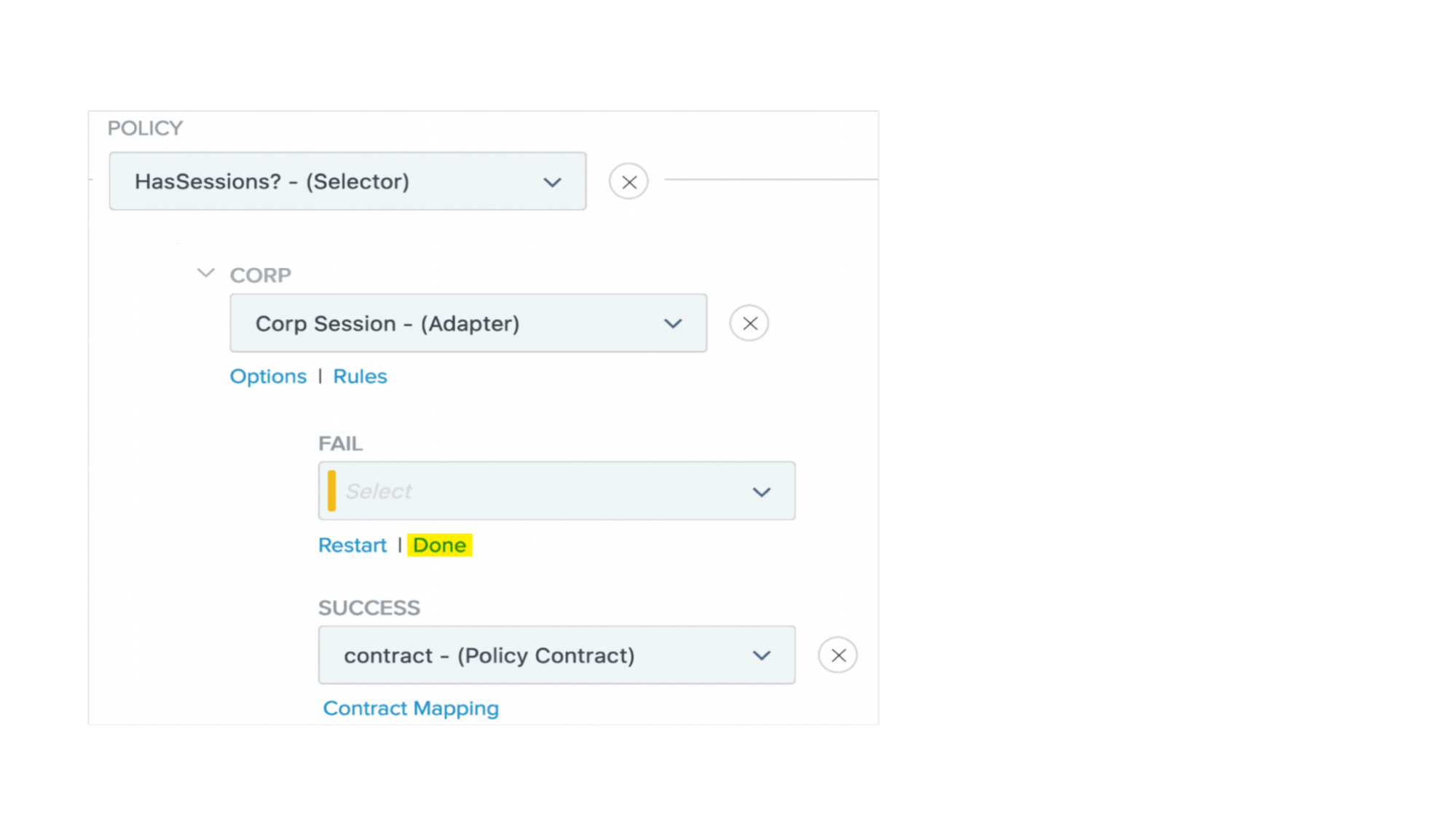 Screen capture of the policy creation page with the Session Authentication Selector selected in the Policy list, the corporate session adapter selected in the corporate policy branch, the Done button under the Fail list highlighted, and the policy contract selected in the Success list